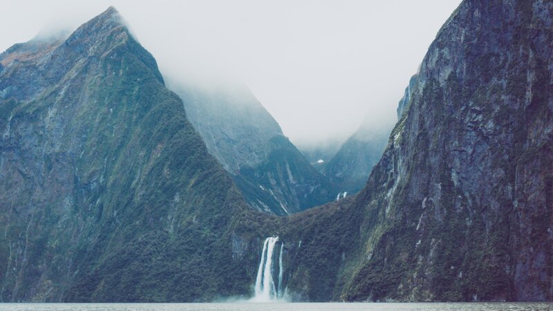 Waterfall in Mountain Valley — Green, Misty, Photograph