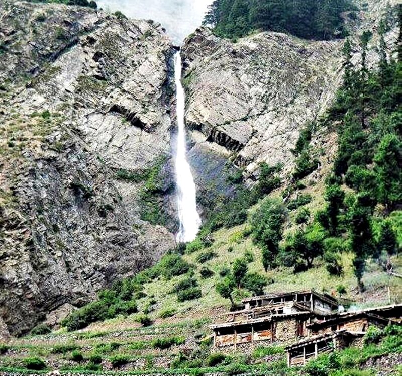 Waterfall in Mountain Valley — Green, Natural, Photograph