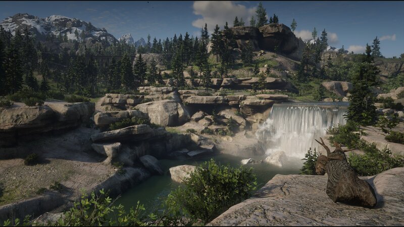 Waterfall in Mountain Valley — Green, Serene, Afternoon, 3d Render