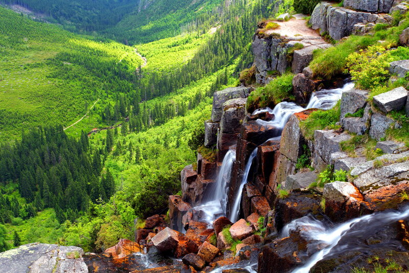 Waterfall in Mountain Valley — Green, Serene, Afternoon, Photograph, Forest, River, Rocks