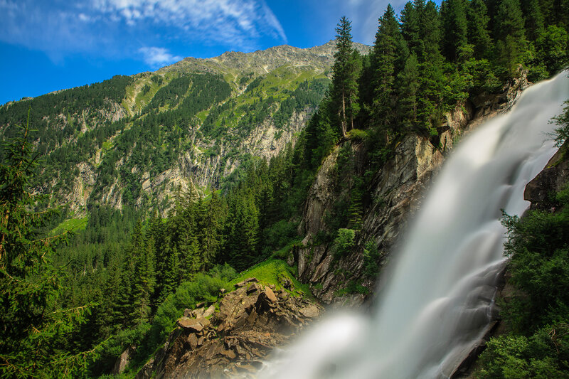 Waterfall in Mountain Valley — Green, Serene, Afternoon, Photograph, Forest, River