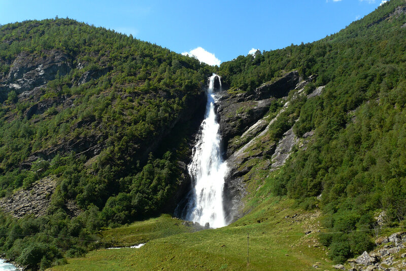 Waterfall in Mountain Valley — Green, Serene, Afternoon, Photograph, Forest