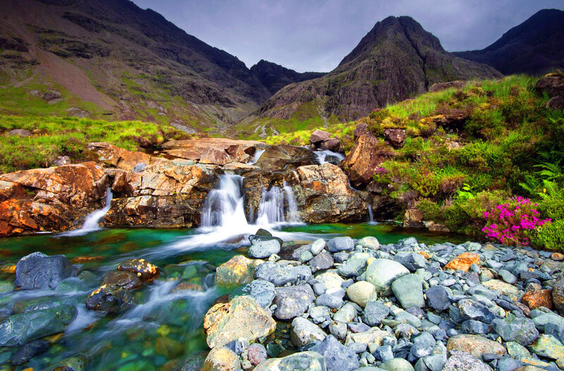 Waterfall in Mountain Valley — Green, Serene, Afternoon, Photograph, Mountains, River, Rocks