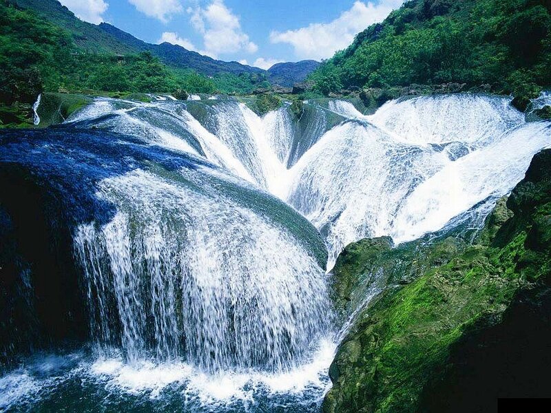 Waterfall in Mountain Valley — Green, Serene, Afternoon, Photograph, Mountains, River