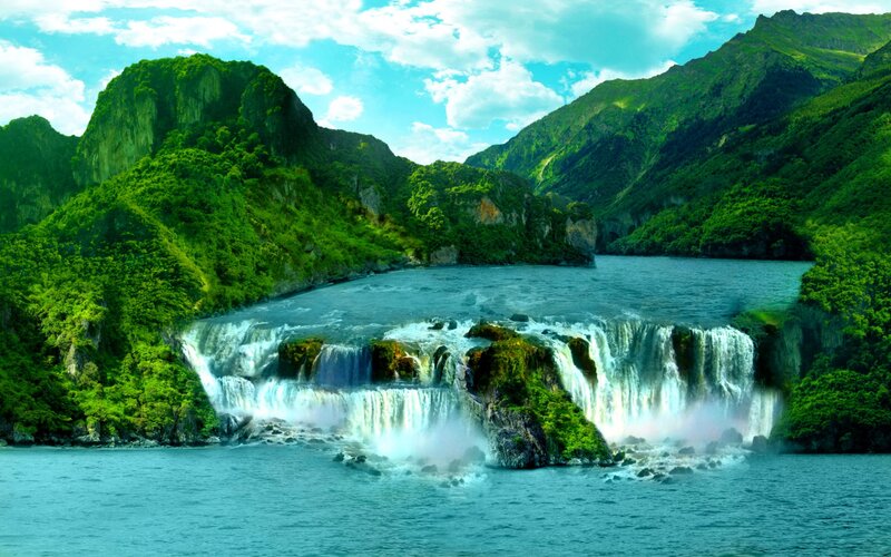 Waterfall in Mountain Valley — Green, Serene, Afternoon, Photograph, Mountains, River, Trees