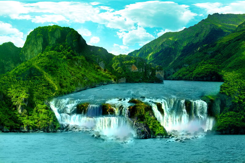 Waterfall in Mountain Valley — Green, Serene, Afternoon, Photograph, Mountains