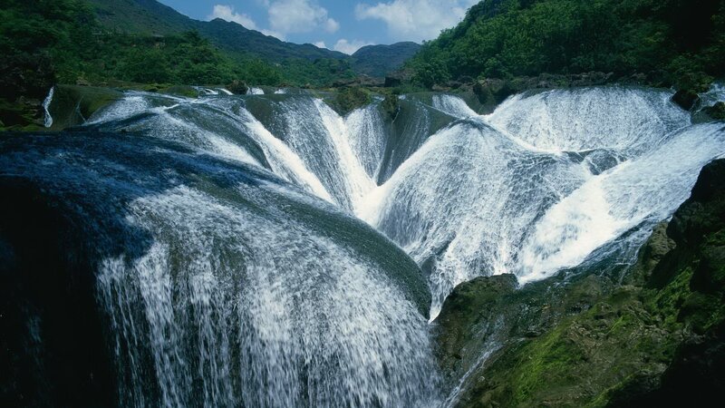 Waterfall in Mountain Valley — Green, Serene, Afternoon, Photograph, Mountains, Trees, River, Blue