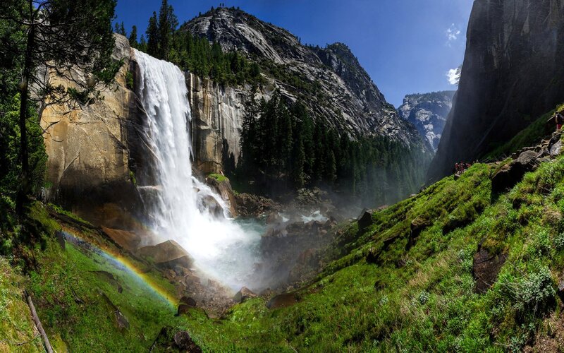Waterfall in Mountain Valley — Green, Serene, Afternoon, Photograph, Rainbow