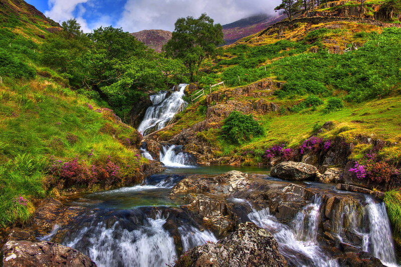 Waterfall in Mountain Valley — Green, Serene, Afternoon, Photograph, River