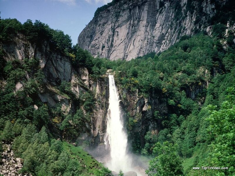 Waterfall in Mountain Valley — Green, Serene, Afternoon, Photograph, Trees, River