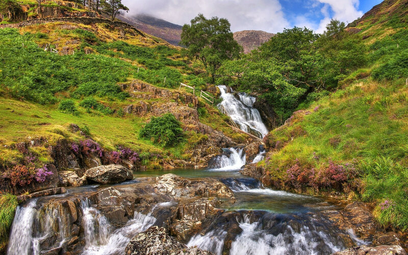 Waterfall in Mountain Valley — Green, Serene, Afternoon, Photograph, Trees