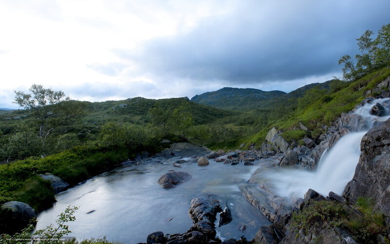 Waterfall in Mountain Valley — Green, Serene, Morning