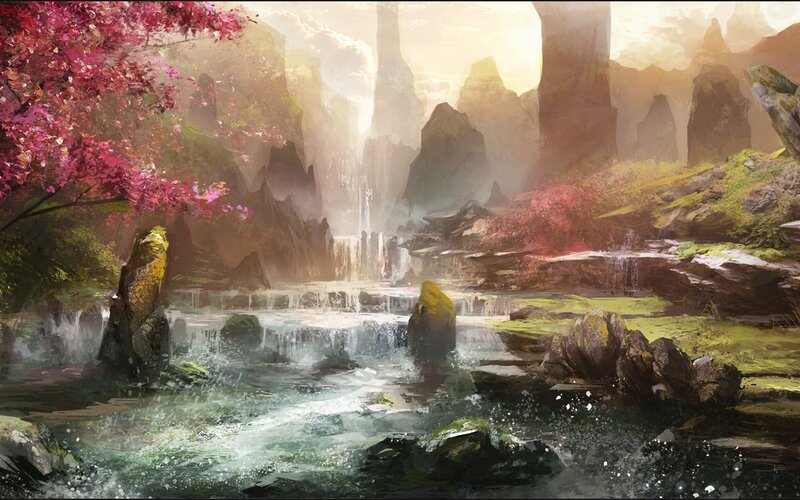 Waterfall in Mountain Valley — Green, Serene, Spring, Digital Art
