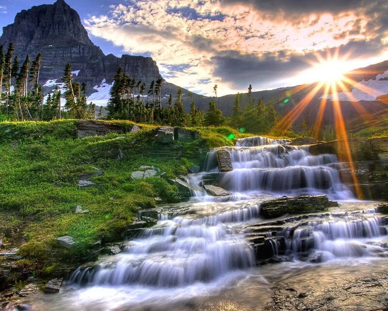 Waterfall in Mountain Valley — Green, Serene, Sunrise