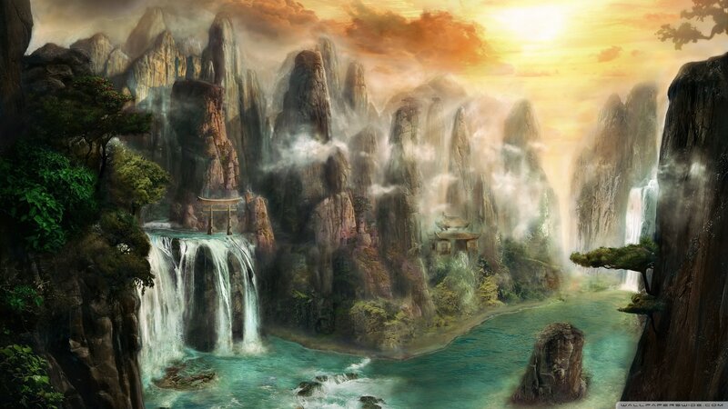 Waterfall in Mountain Valley — Green, Serene, Sunset, Digital Art