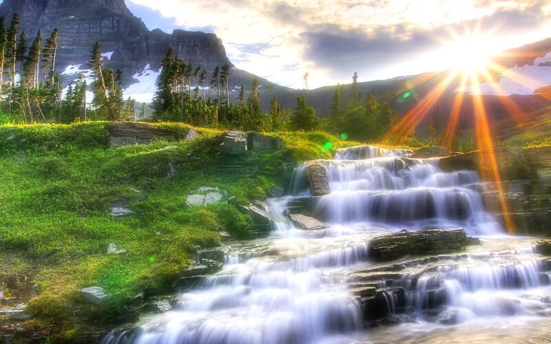 Waterfall in Mountain Valley — Green, Serene, Sunset, Photograph, Forest, Sun
