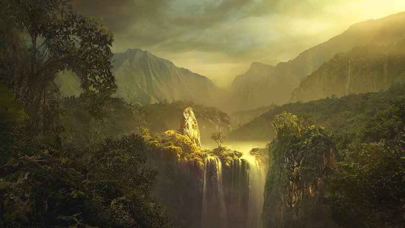Waterfall in Mountain Valley — Green, Serene, Sunset