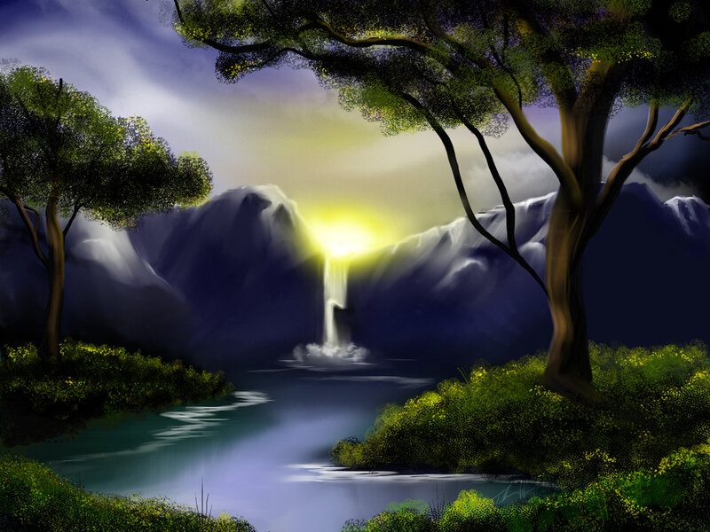 Waterfall in Mountain Valley — Green