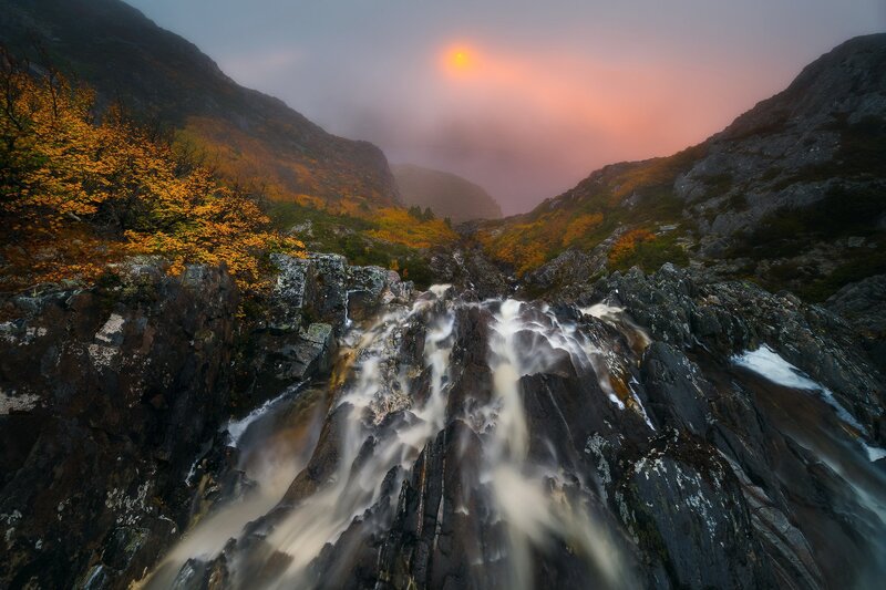 Waterfall in Mountain Valley — Orange, Dramatic, Sunset