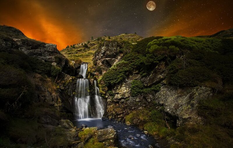 Waterfall in Mountain Valley — Orange