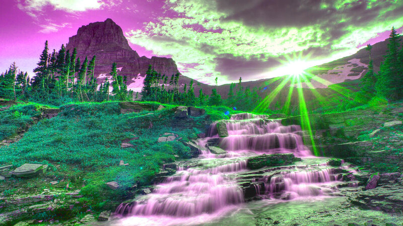 Waterfall in Mountain Valley — Purple, Dramatic, Sunrise