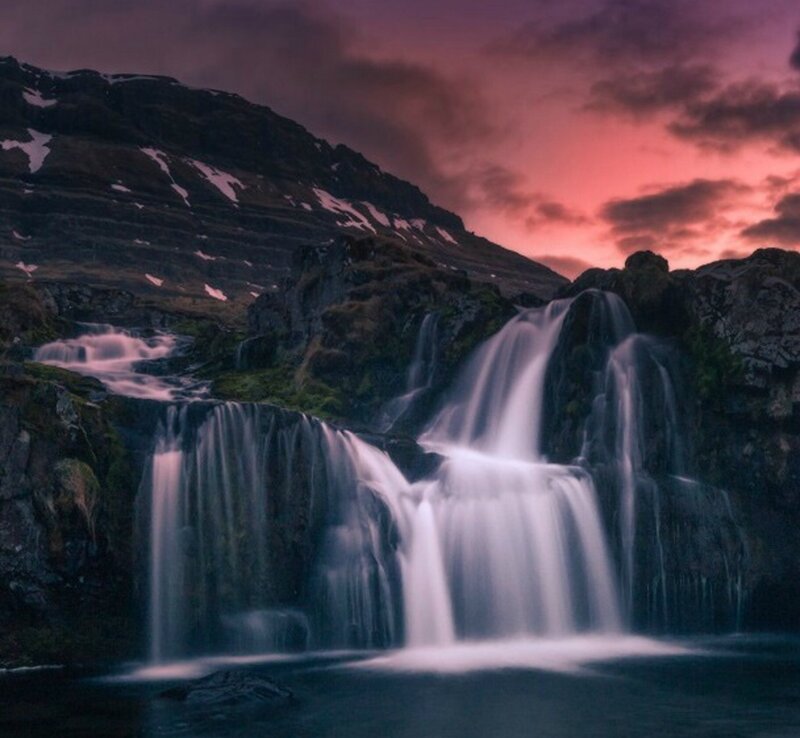 Waterfall in Mountain Valley — Purple, Dramatic, Sunset, Photograph