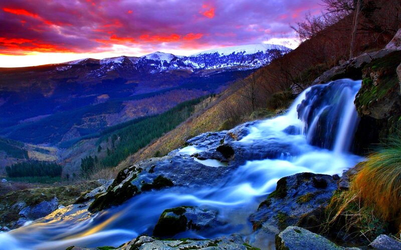 Waterfall in Mountain Valley — Purple, Dramatic, Sunset