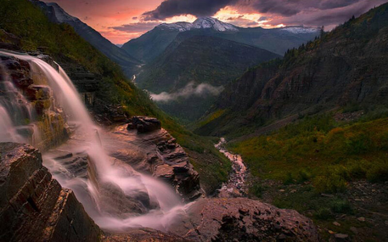 Waterfall in Mountain Valley — Purple, Dramatic