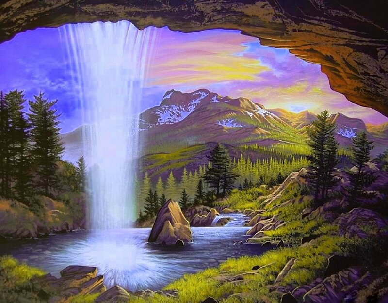 Waterfall in Mountain Valley — Purple, Serene