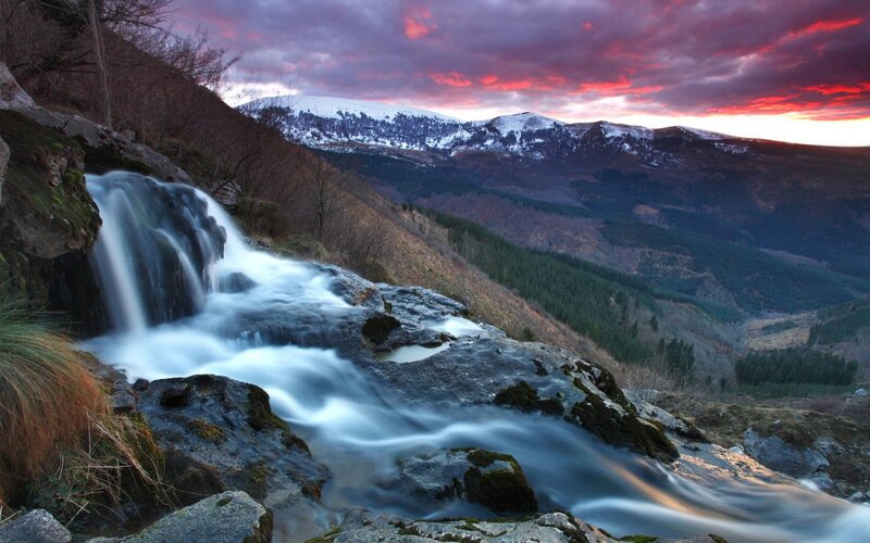 Waterfall in Mountain Valley — Red, Dramatic