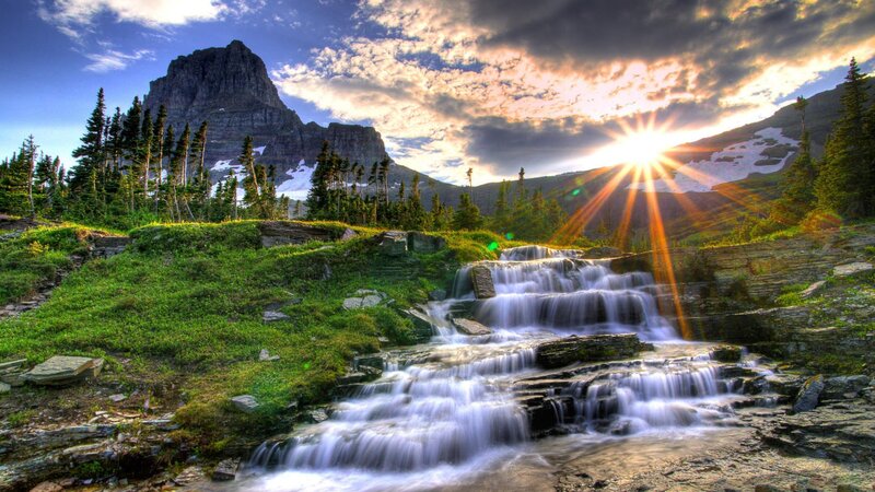 Waterfall in Mountain Valley — Sunrise