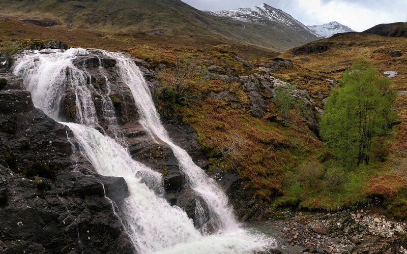 Waterfall in mountainous landscape
