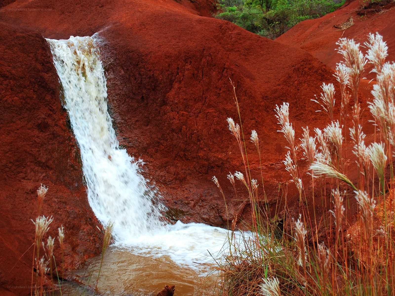 Waterfall in red rock canyon