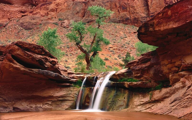 Waterfall in red rock canyon