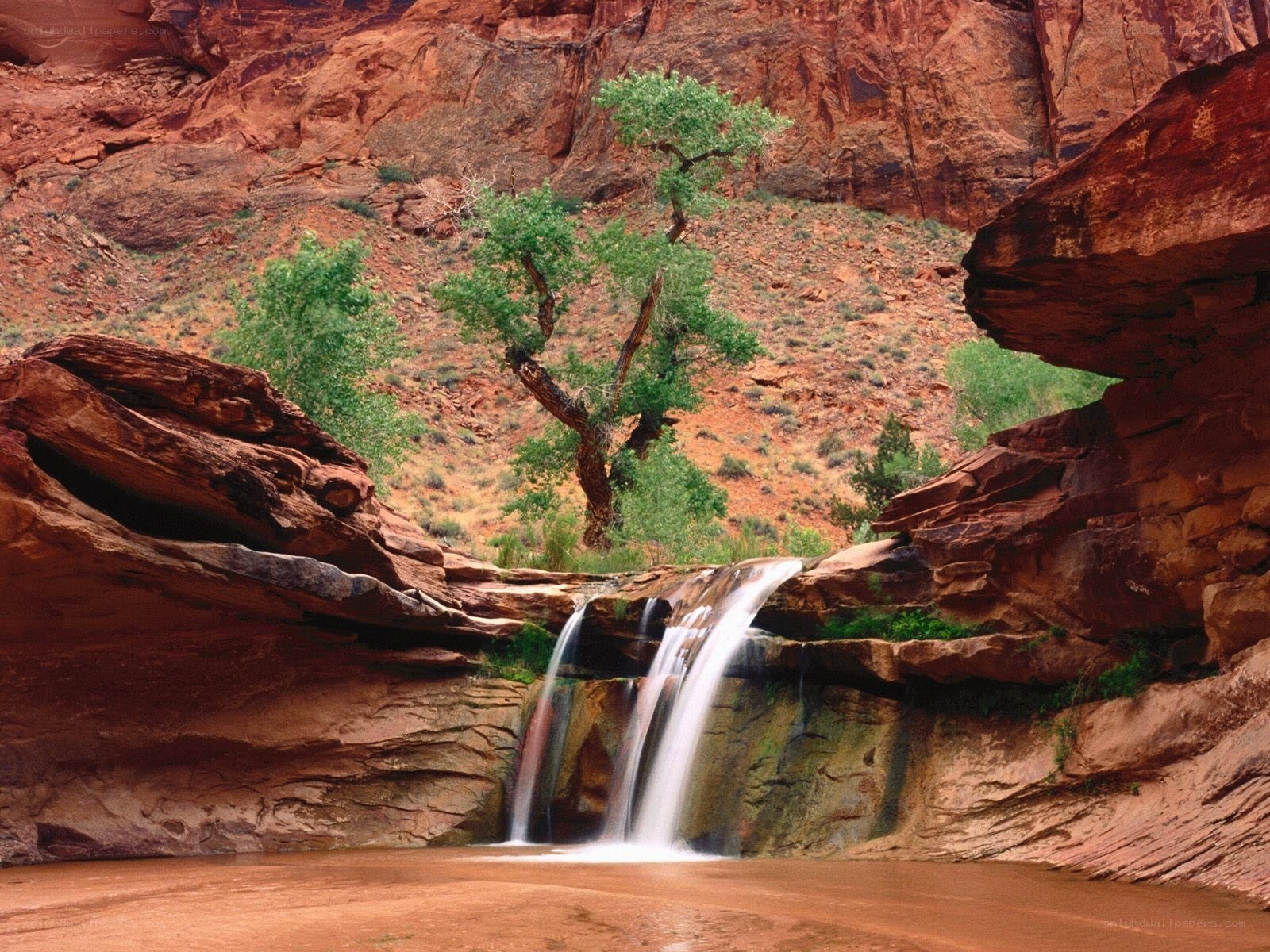 Waterfall in red rock canyon