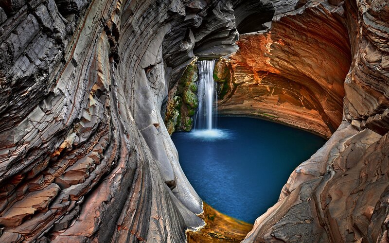Waterfall in Rock Cave — Blue