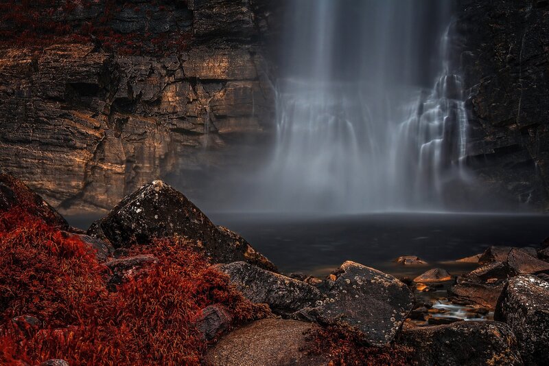 Waterfall in Rocky Canyon — Black, Dramatic, Photograph