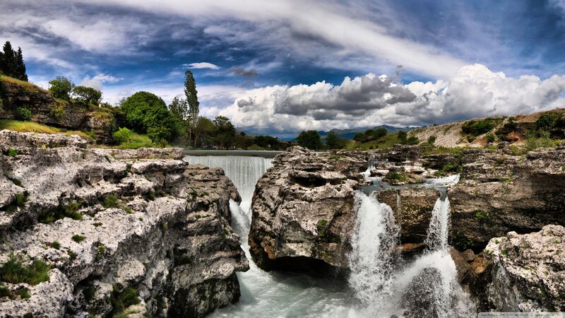 Waterfall in Rocky Canyon — Blue, Dramatic, Afternoon, Photograph, River, Clouds