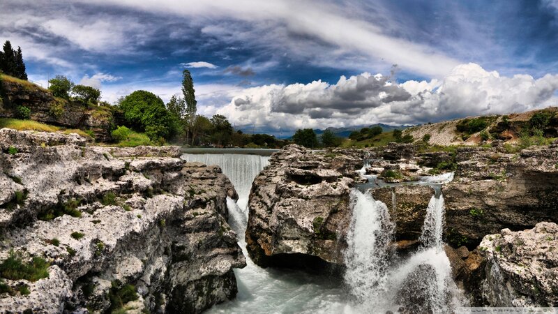 Waterfall in Rocky Canyon — Blue, Dramatic, Afternoon, Photograph
