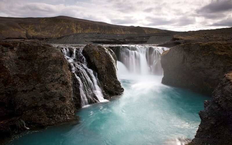 Waterfall in Rocky Canyon — Blue, Dramatic, Photograph