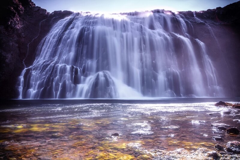 Waterfall in Rocky Canyon — Blue, Dramatic, Sunset