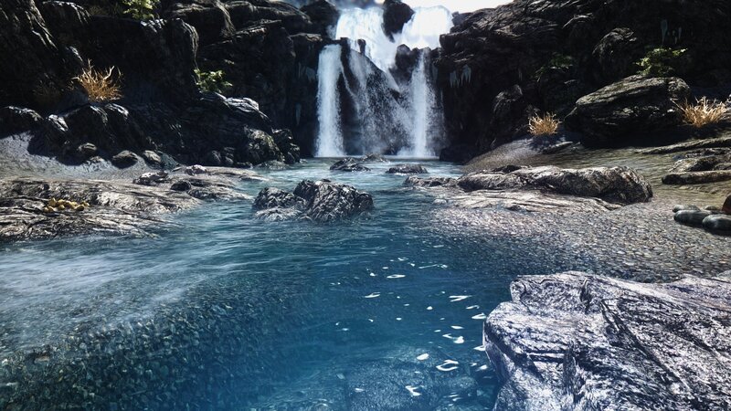 Waterfall in Rocky Canyon — Blue, Serene, Afternoon, 3d Render