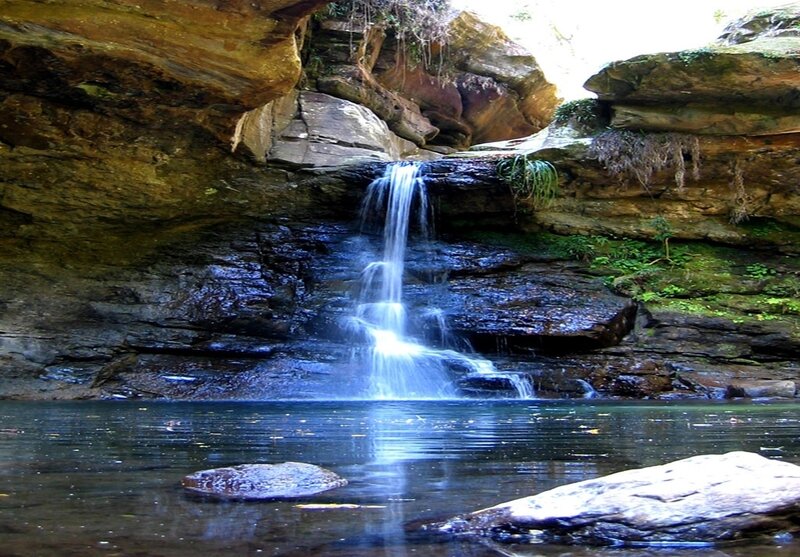 Waterfall in Rocky Canyon — Blue, Serene, Afternoon, Photograph