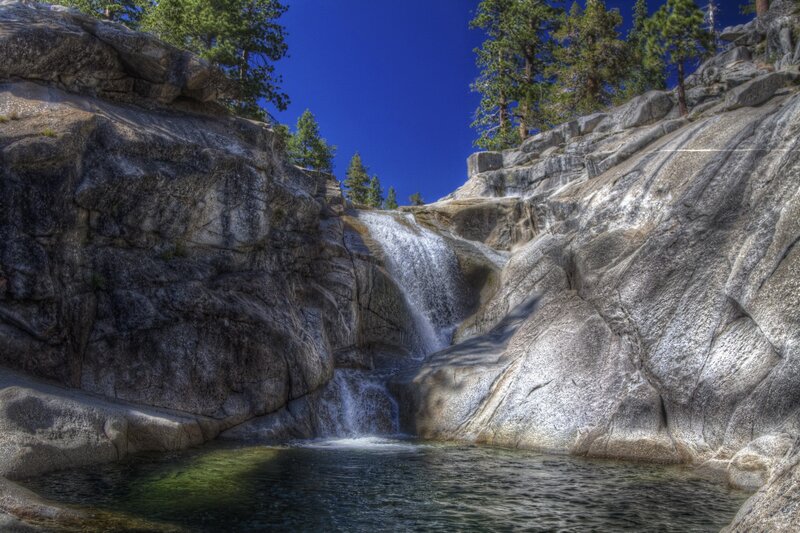 Waterfall in Rocky Canyon — Blue, Serene, Afternoon, Photograph, Trees, Rocks, Pool
