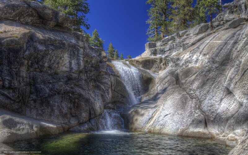 Waterfall in Rocky Canyon — Blue, Serene, Afternoon, Photograph, Trees, Rocks