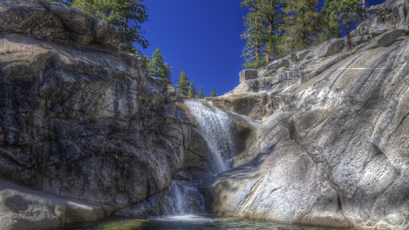 Waterfall in Rocky Canyon — Blue, Serene, Afternoon, Photograph, Trees