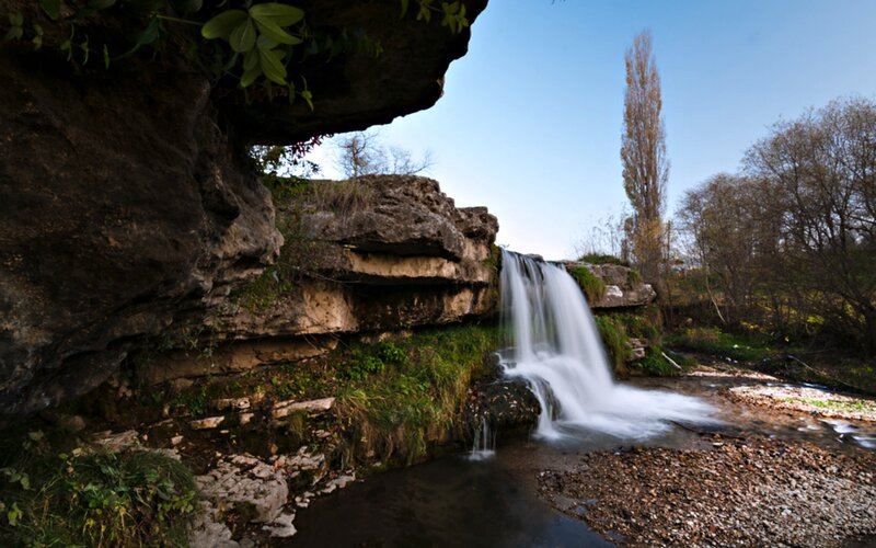 Waterfall in Rocky Canyon — Blue, Serene, Autumn, Photograph, Rock