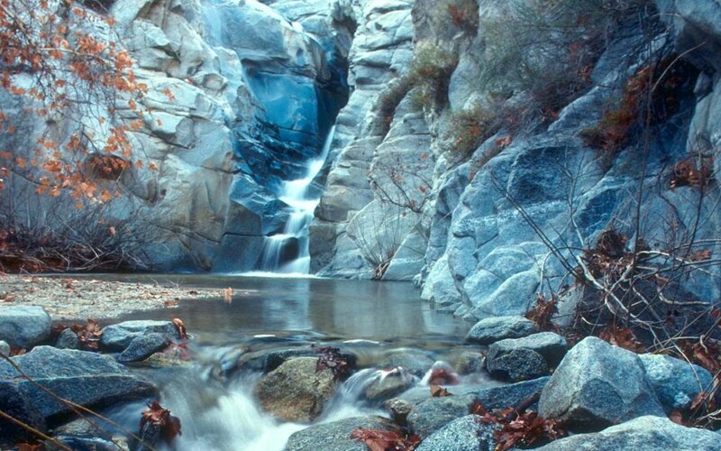 Waterfall in Rocky Canyon — Blue, Serene, Autumn, Photograph
