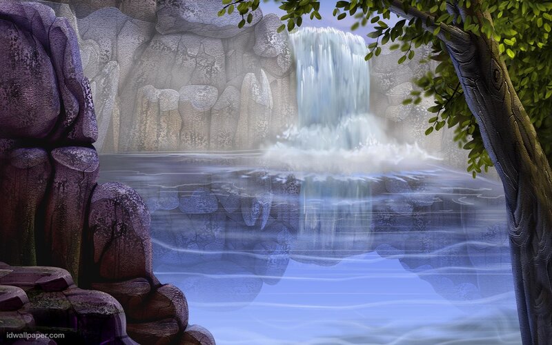 Waterfall in Rocky Canyon — Blue, Serene, Digital Art