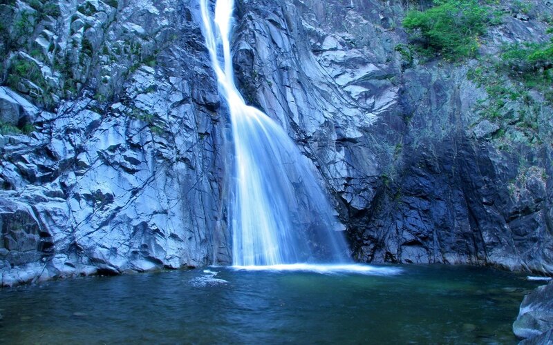 Waterfall in Rocky Canyon — Blue, Serene, Photograph, Rocky Cliff